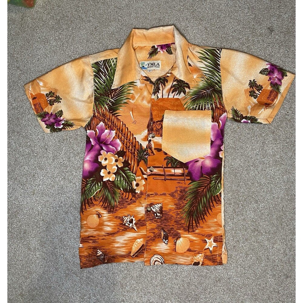 Vintage YMLA Resort Wear Boys Hawaiian Shirt Orange Tropical Floral Beach Size 6